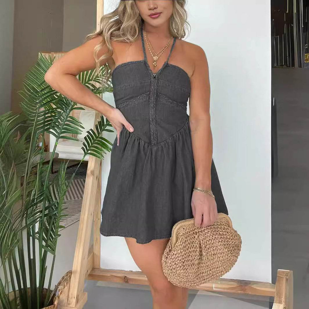 Fashion Women's Halter Denim Mini Flared Dress - EX-STOCK Canada
