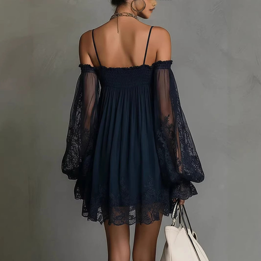 Long-Sleeve Lace Boat Neck Slip Dress