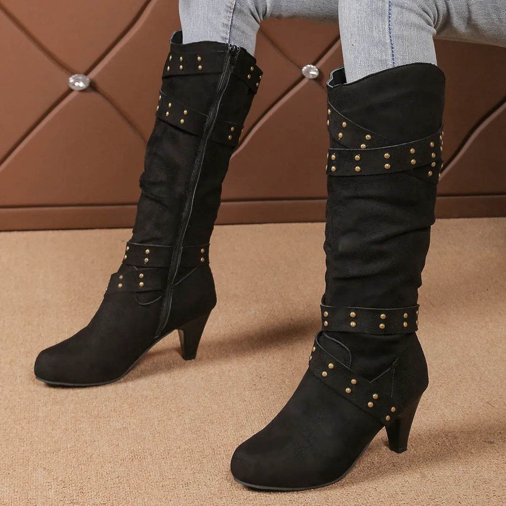 Fashion High Heel Boots With Cross-strap Rivet Design Retro V-cut Western Cowboy Boot Casual Zipper Shoes For Women - EX-STOCK Canada