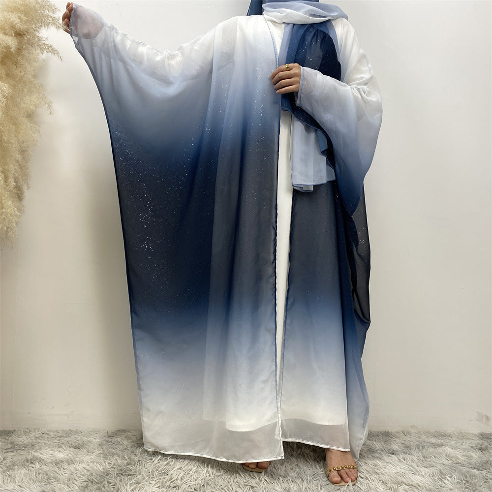 Middle East Muslim Chiffon Cardigan Gradient Batwing Sleeve With Headscarf Suit - EX-STOCK Canada