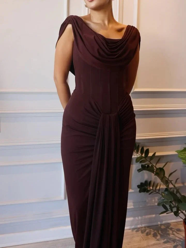 Brown Swoosh Collar Sleeveless Maxi Dress EX-STOCK Canada