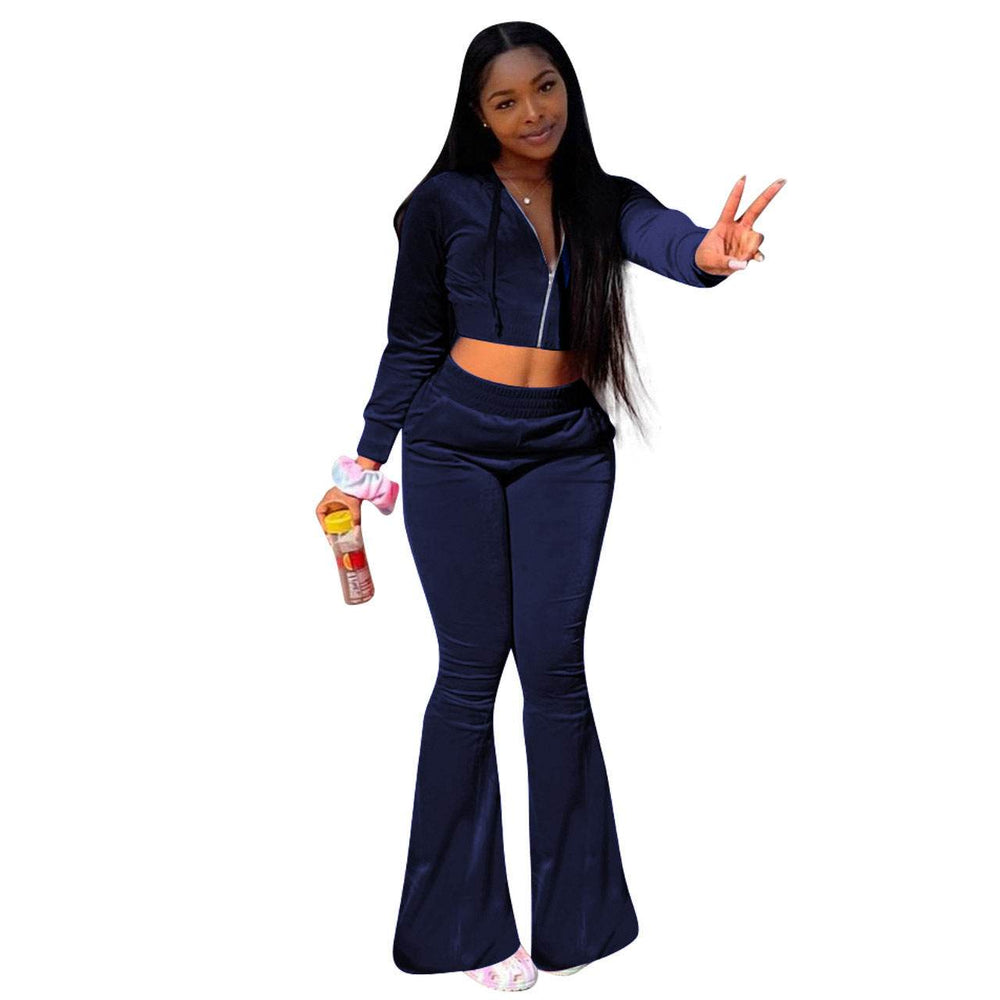 Women 2pcs Velvet Hoodie Wide leg Pant Crop top sweatsuit Athleisure Outfit - EX-STOCK Canada