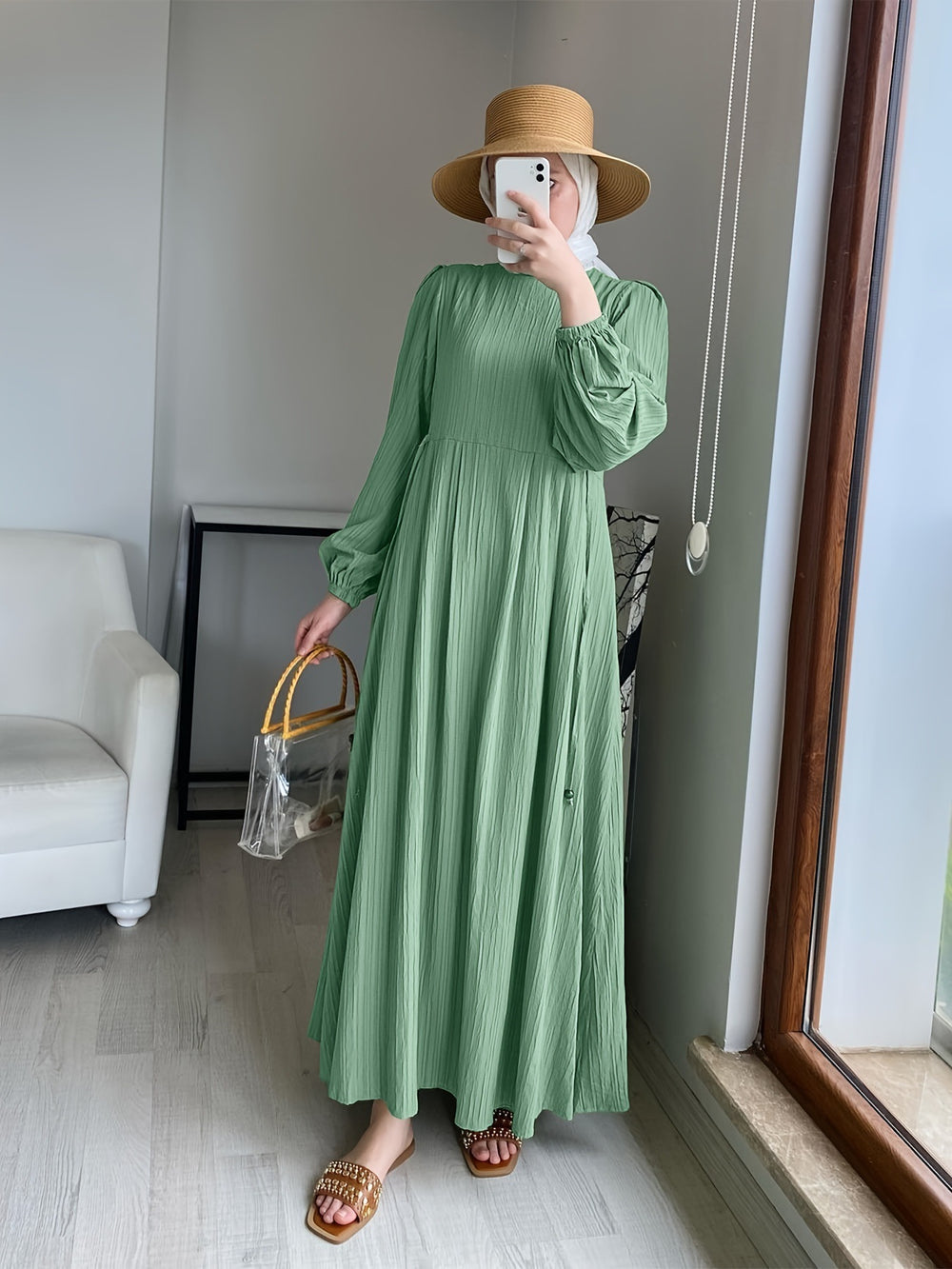 Muslim Round Neck Lantern Sleeve Robe Elegant And Comfortable Dress - EX-STOCK Canada