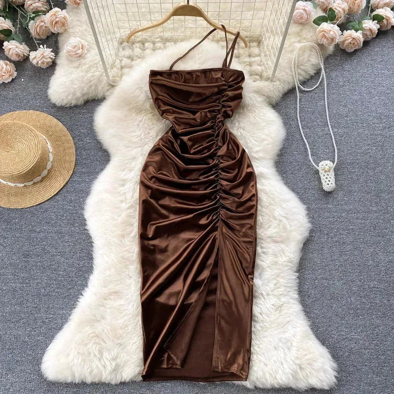 Elegant Women Sleeveless One shoulder Drawstring Satin Dress for Party, Wedding, Cocktail - EX-STOCK CANADA