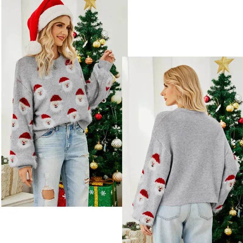 Christmas Sweater Women Cute Cartoon Santa Print Knit Sweater Winter Tops - EX-STOCK Canada