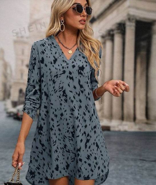 Allover Print Roll Up Sleeve Dress Ladies Casual High Low Long Sleeve V Neck Regular Fit Short Apricot Roll Up Sleeve All Over Print Tunic Women Short Dresses - EX-STOCK Canada