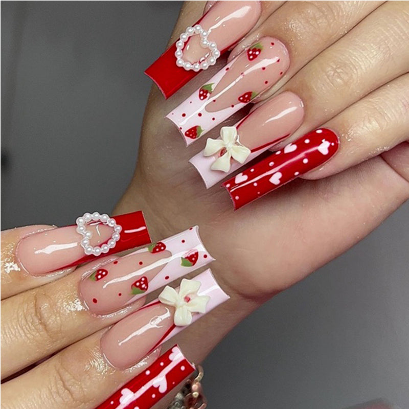 24 PCS Strawberry Bow Nail Art, Long Length Long Water Pipe Fake Nails,Square Head Nail Tips False Nail EX-STOCK Canada