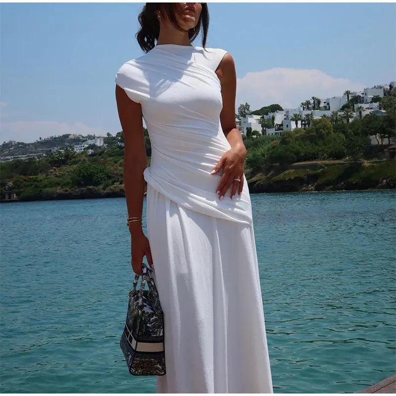 Robe sans manches irrégulière pour femmes à encolure ronde plisséeEX-STOCK Canada