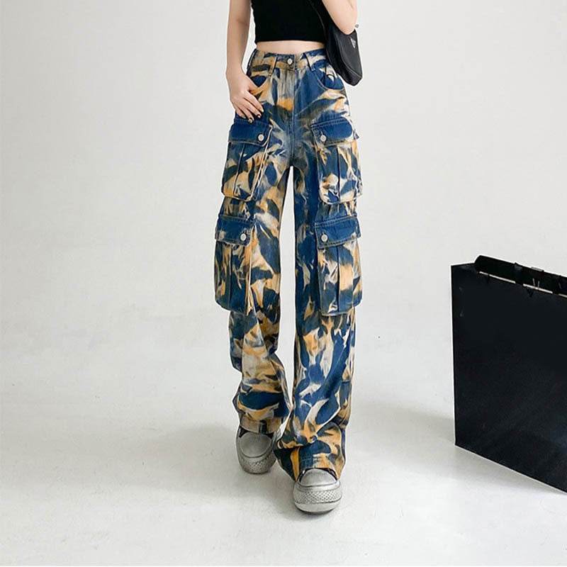 New Tie-dye Baggy CargoTrousers With Pockets Y2K Fashion High Waist Loose Wide Leg Pants Spring And Autumn - EX-STOCK Canada