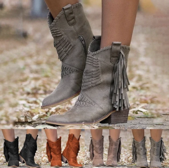 Women's Fringe Tassel Ankle Boots | Western Boho Block Heel Side Zip | Black Brown Grey Khaki