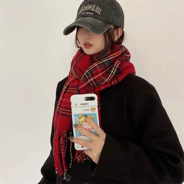 Red Check Pattern Plaid All-match Warm Tassel Scarf - EX-STOCK Canada