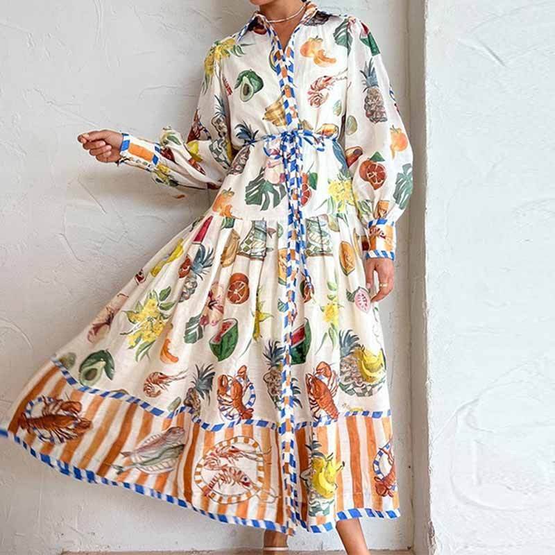 Print Holiday Women Beach Dress With Belts A-Line Long Lantern Sleeve Single Breasted Lapel Seaside Dresses Robe - EX-STOCK Canada