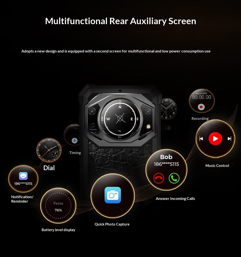 Multifunctional rear auxiliary screen with various icons and text on a black background