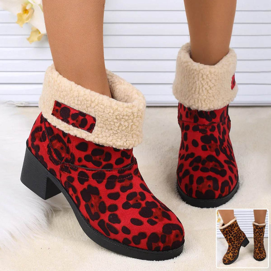 New Foldable Leopard Print Mid-calf Boots Winter Warm Fleece Thick Square Heels Boot For Women Fashion Round-toed Cotton Shoes - EX-STOCK Canada