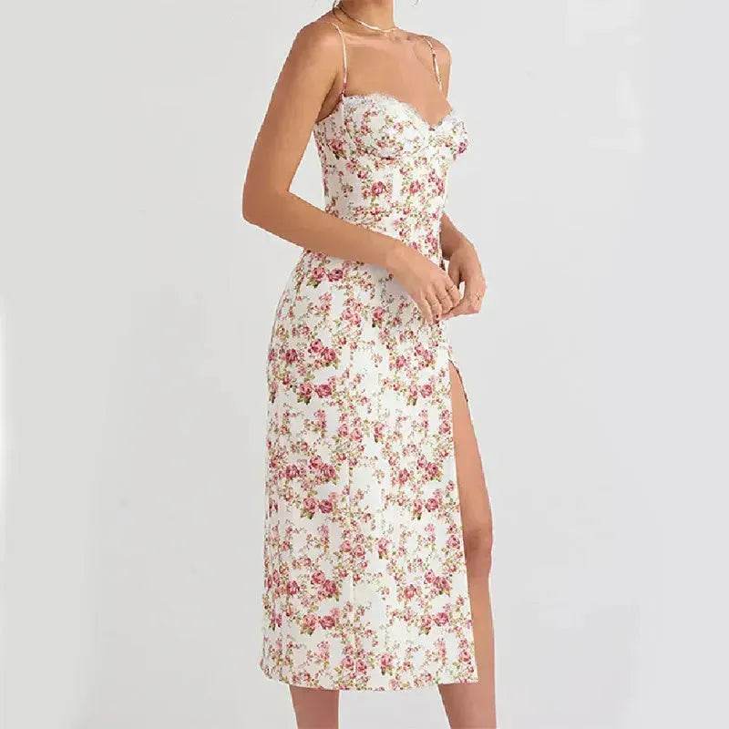 Women's Floral Spaghetti Strap Cami Dress Lace Trim Side Slit Bodycon Midi summer Dress - EX-STOCK Canada