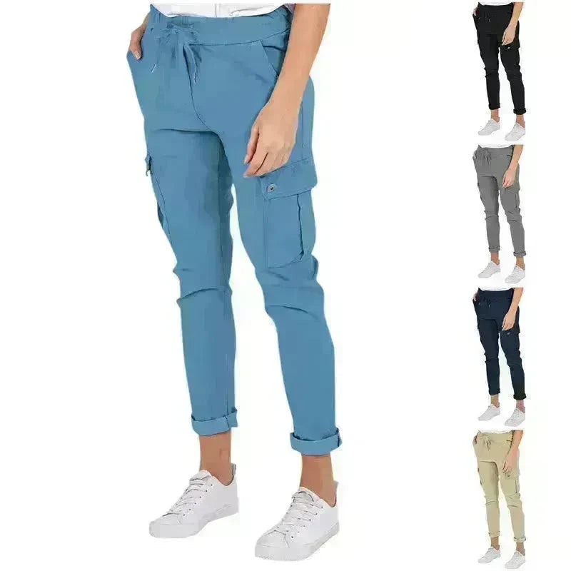 Casual Cargo Pants With Pockets Solid Color Drawstring Waist Pencil Trousers For Women - EX-STOCK CANADA