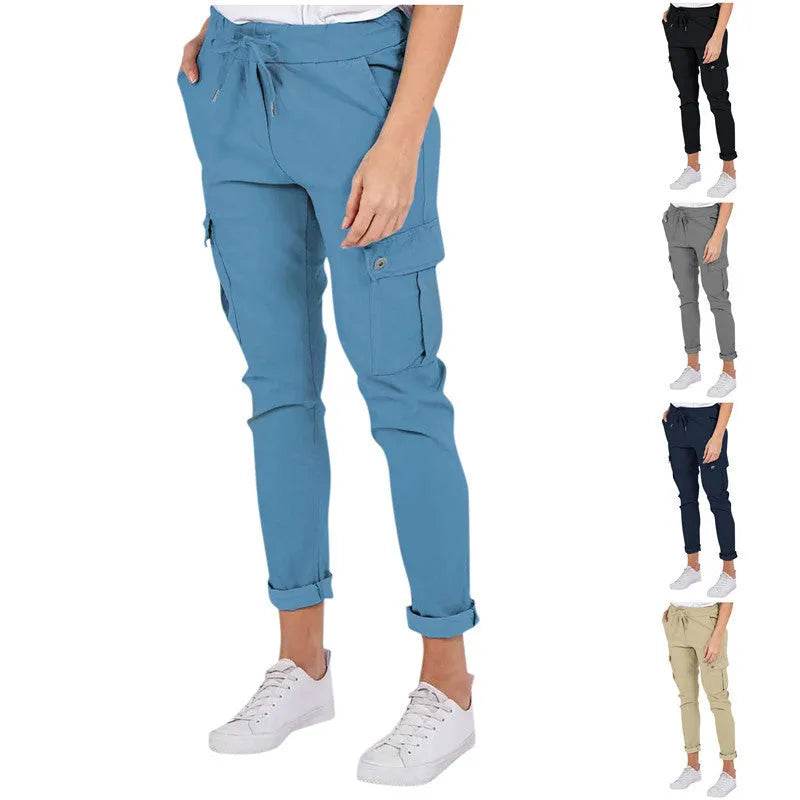Casual Cargo Pants With Pockets Solid Color Drawstring Waist Pencil Trousers For Women - EX-STOCK Canada