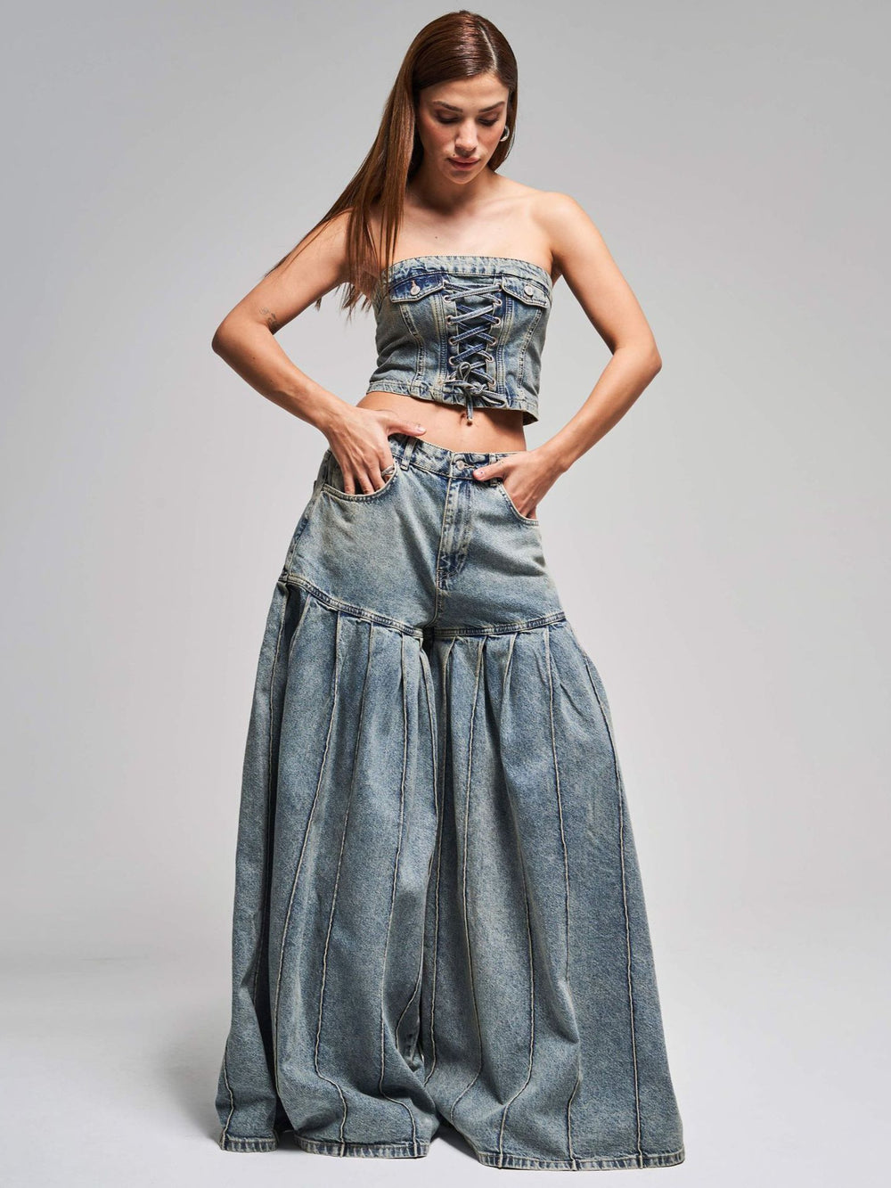 Strapless Denim Lace-Up Corset Crop Top & Balloon Wide-Leg Pants Set – Washed Blue Denim | Sizes S–2XL