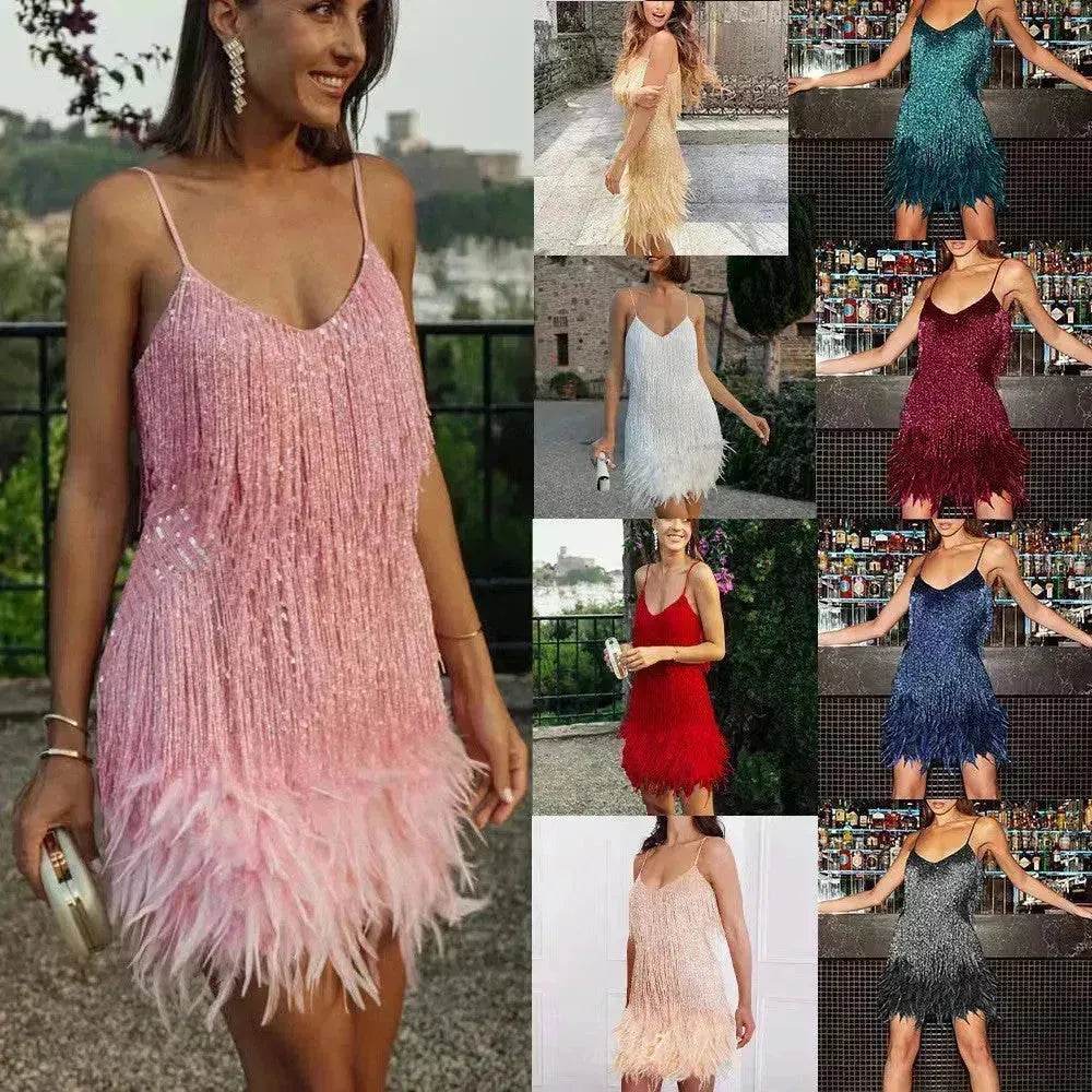 Elegant Chic Spaghetti Strap Luxury Tassel Sequins Feather Women’s Mini Dress for Evening Party, Cocktail Wedding Guest. - EX-STOCK Canada