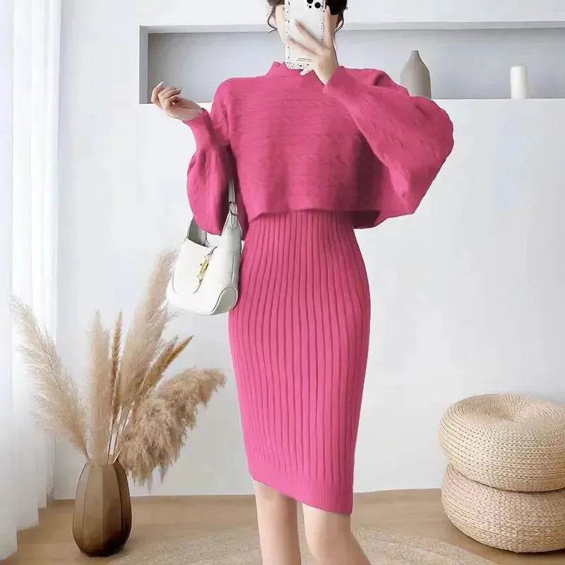 Autumn Winter Sassy Woolen Knitted Two Piece Midi Sweater Dress Outfit set - EX-STOCK Canada