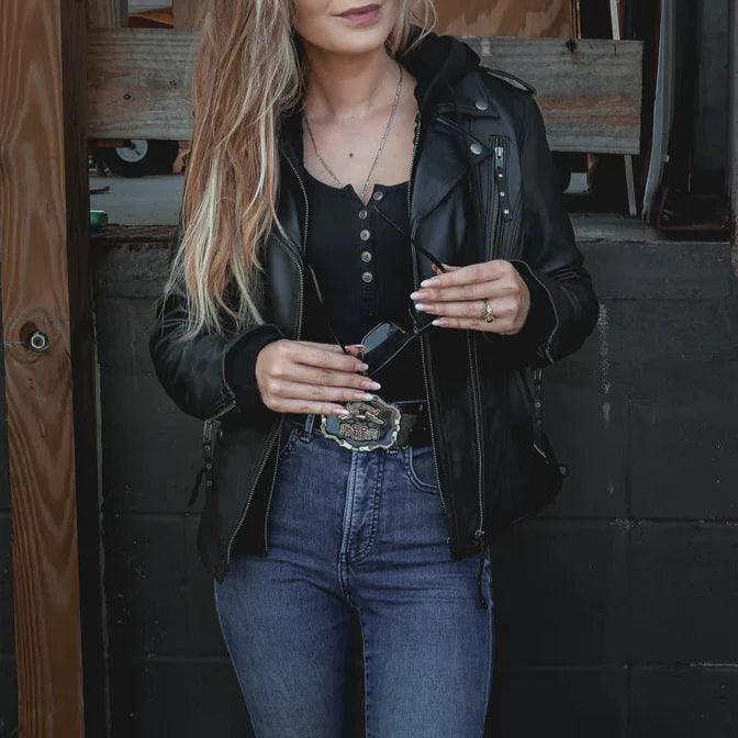 Veste de moto en cuir classique à capuche pour femmes Open RoadEX-STOCK Canada