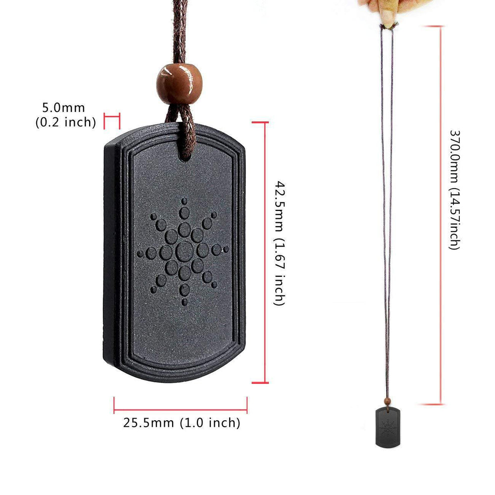 Black pendant with measurements on a white background