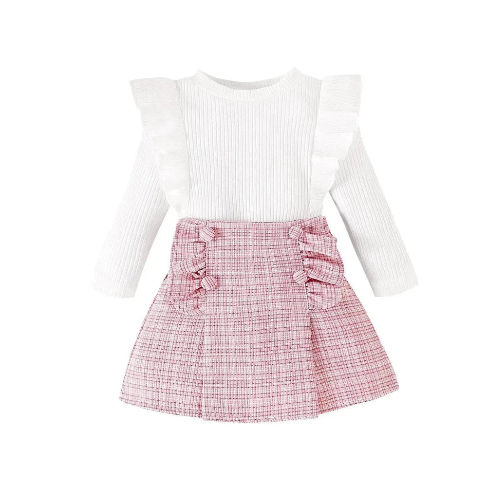 Newborn baby girl Cross-border Sunken Stripe Long Sleeve Classic Style Plaid Short Skirt Two-piece Set for baby girl - EX-STOCK Canada