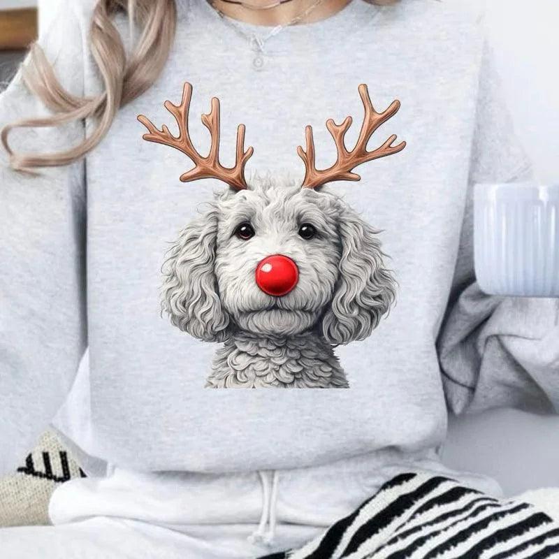 Sweat-shirt de Noël pour femmes avec col rond et motif renne et chienEX-STOCK Canada