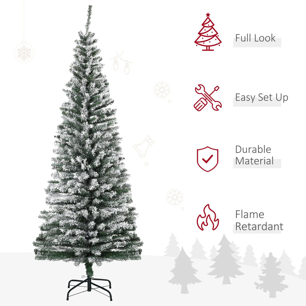 6ft Flocked Christmas Tree, Pencil Christmas Tree With Realistic Branch Tips, Folding Metal Stand, Green EX-STOCK Canada