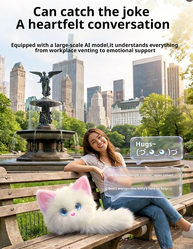 A smiling woman sits on a wooden park bench with a large fluffy white cat-like plush toy in front of a city skyline and fountain. Promotional text at the top reads, 'Can catch the joke A heartfelt AI conversation,' with chat bubbles showing supportive phrases.