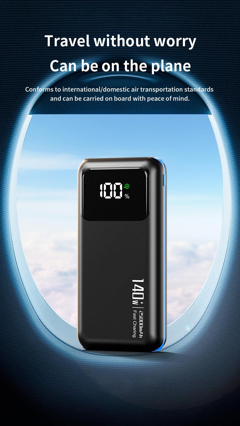 A black portable power bank with a digital display showing 100% battery level, set against a blue sky background with a circular frame and promotional text about travel.