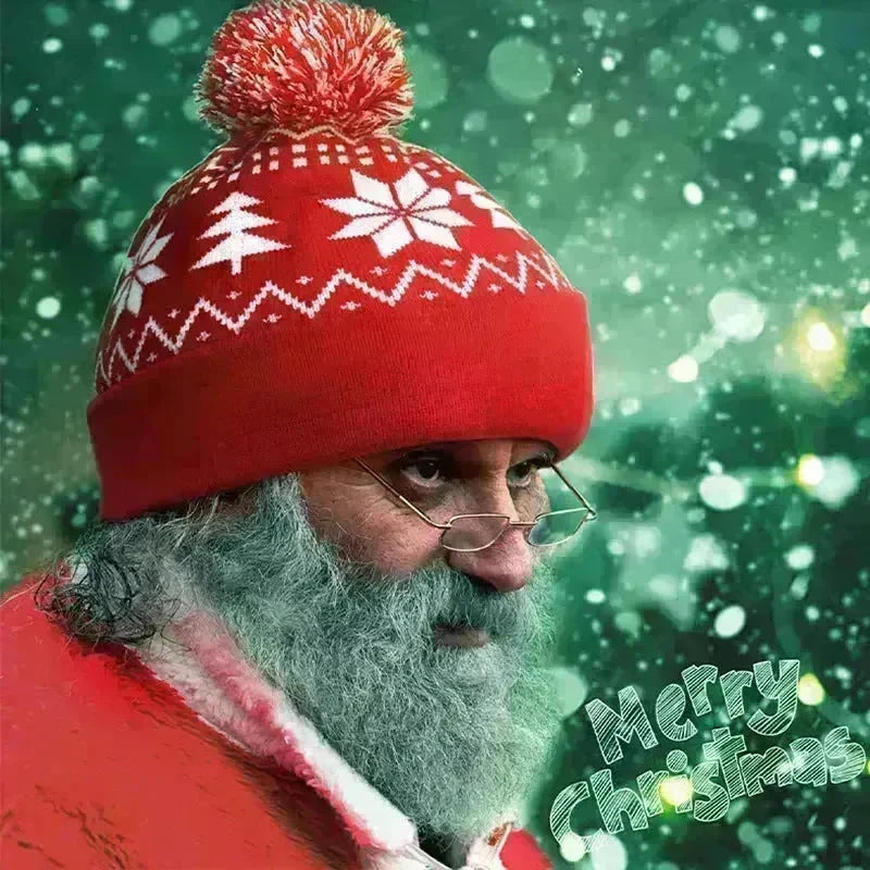 Jacquard Christmas Fluffy Ball Cap Thermal Head Cover Knitted Hat - EX-STOCK CANADA