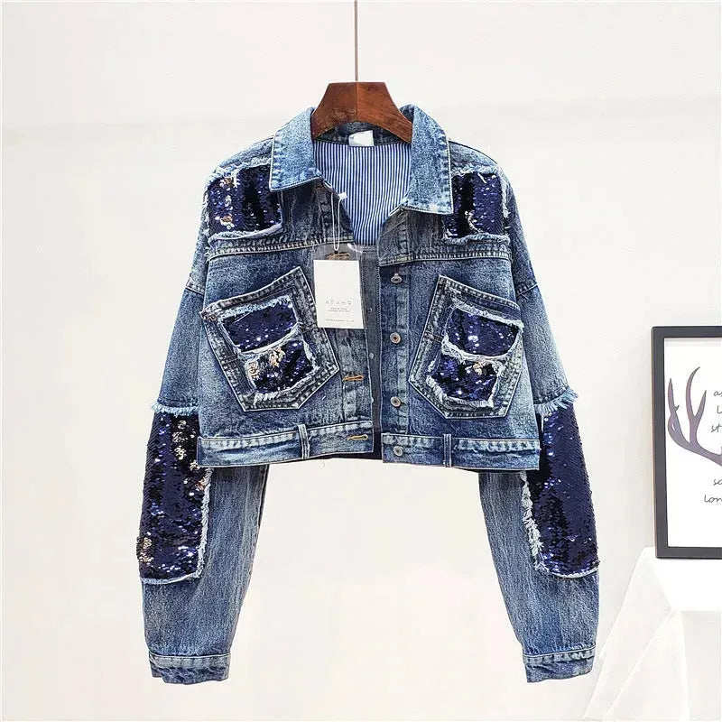 Heavy Industry Sequins Short Doll Sleeve Denim Jacket Women - EX-STOCK CANADA
