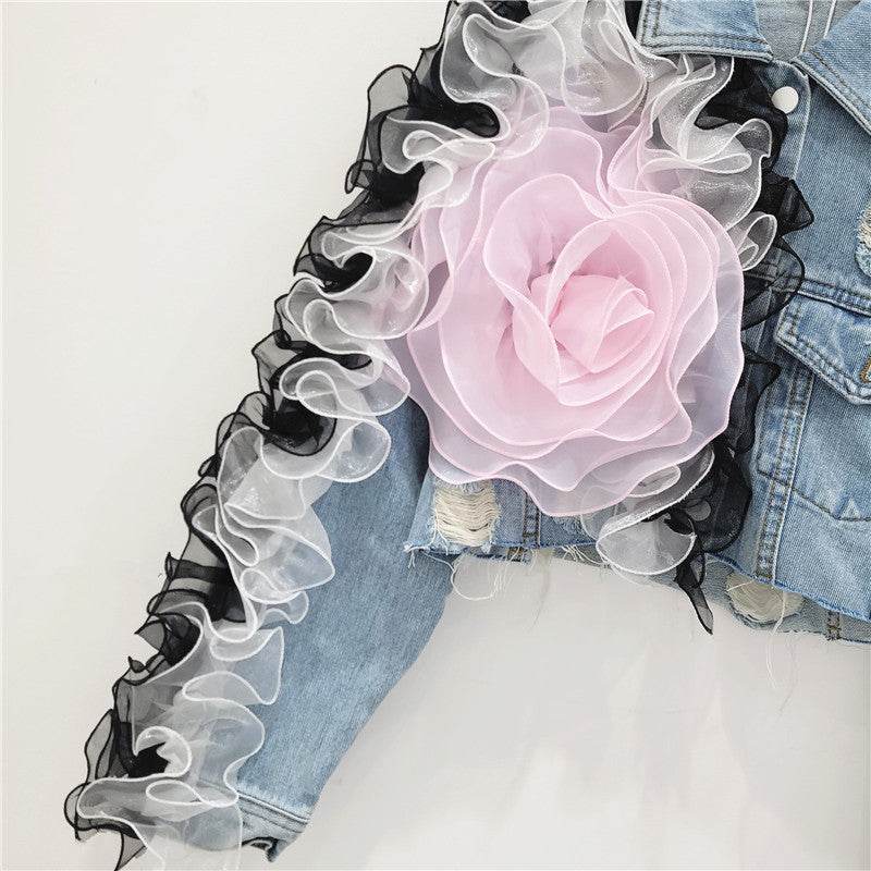 Elegant women fashion embroidered cropped Ripped blue Denim Jacket - EX-STOCK Canada