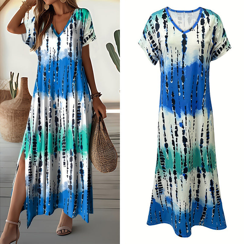 Women's Summer Tie Dye Maxi Dress Short Sleeve V Neck Casual Loose Long Split Dresses EX-STOCK