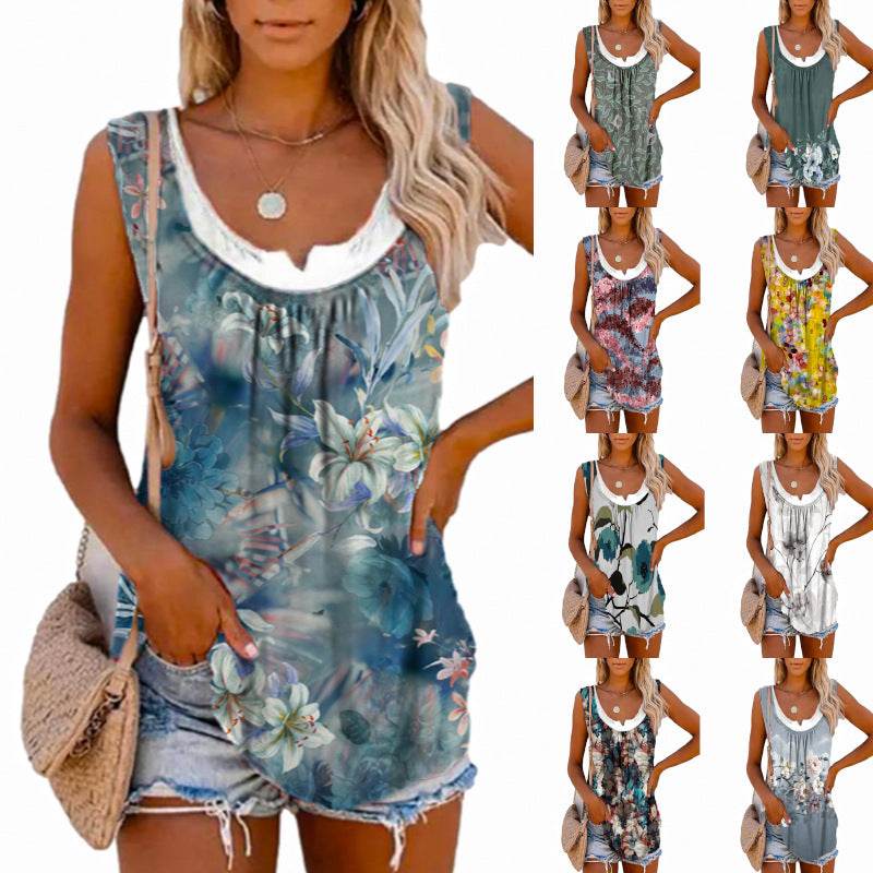 Casual Spring And Summer Tops Printed Sleeveless Pleating Vest T-shirt For Women - EX-STOCK Canada