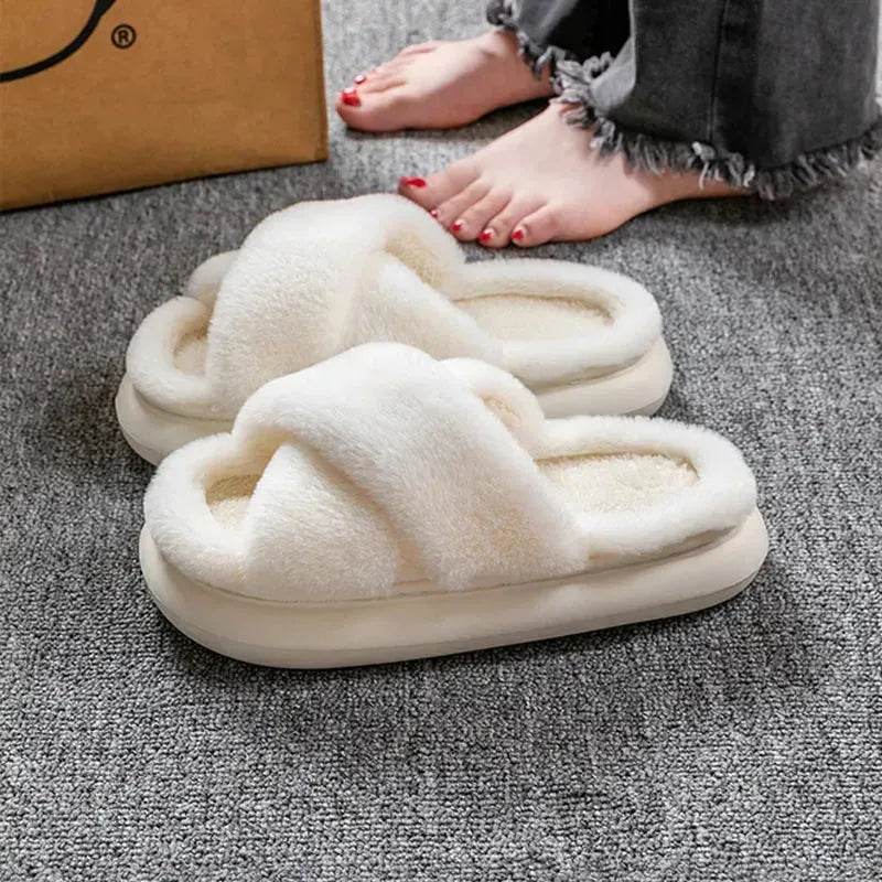 Women's Platform Fuzzy Home Slippers Winter Open Toe Criss-cross Solid Color Casual Floor Slides Indoor Flat Comfy House Shoes - EX-STOCK Canada