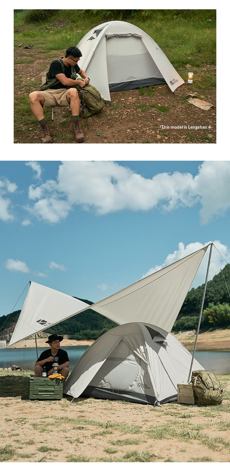 A two-panel lifestyle image showcasing a gray and white dome camping tent with a matching white triangular rainfly and rain shield. The top panel shows a man sitting on a camping chair next to the tent in a grassy field.