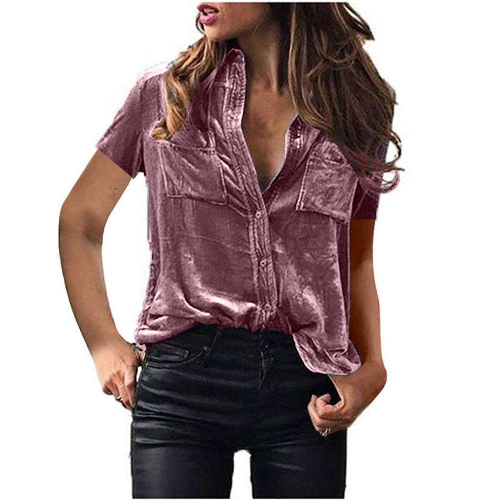 European And American Spring And Summer Pocket Short Sleeve Suede Shirt For Women - EX-STOCK Canada