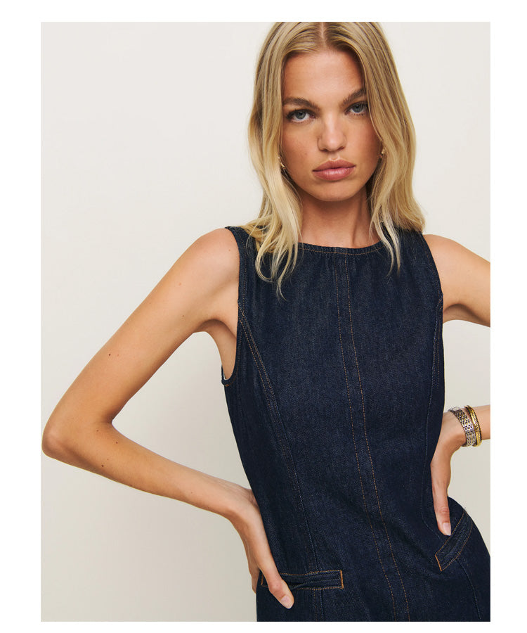 Robe en jean sans manches à col rond, coupe slim, mode française