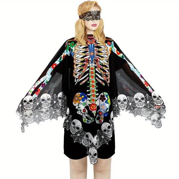 Halloween Skeleton Poncho, Lace Skeleton Halloween Costume Poncho Day Of The Dead Poncho For Women - EX-STOCK Canada