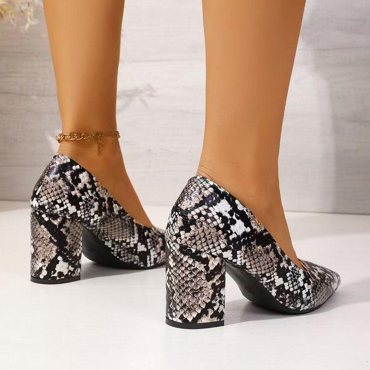 Women's Snake Print Pointed Toe Block Heel Pumps 2026 Spring Summer Elegant High Heels Versatile Office Party Shoes