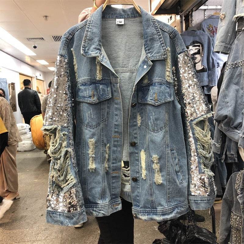 Street Fashion Heavy Industry lose Ripped Sequined Sleeve Denim Jacket Women - EX-STOCK Canada