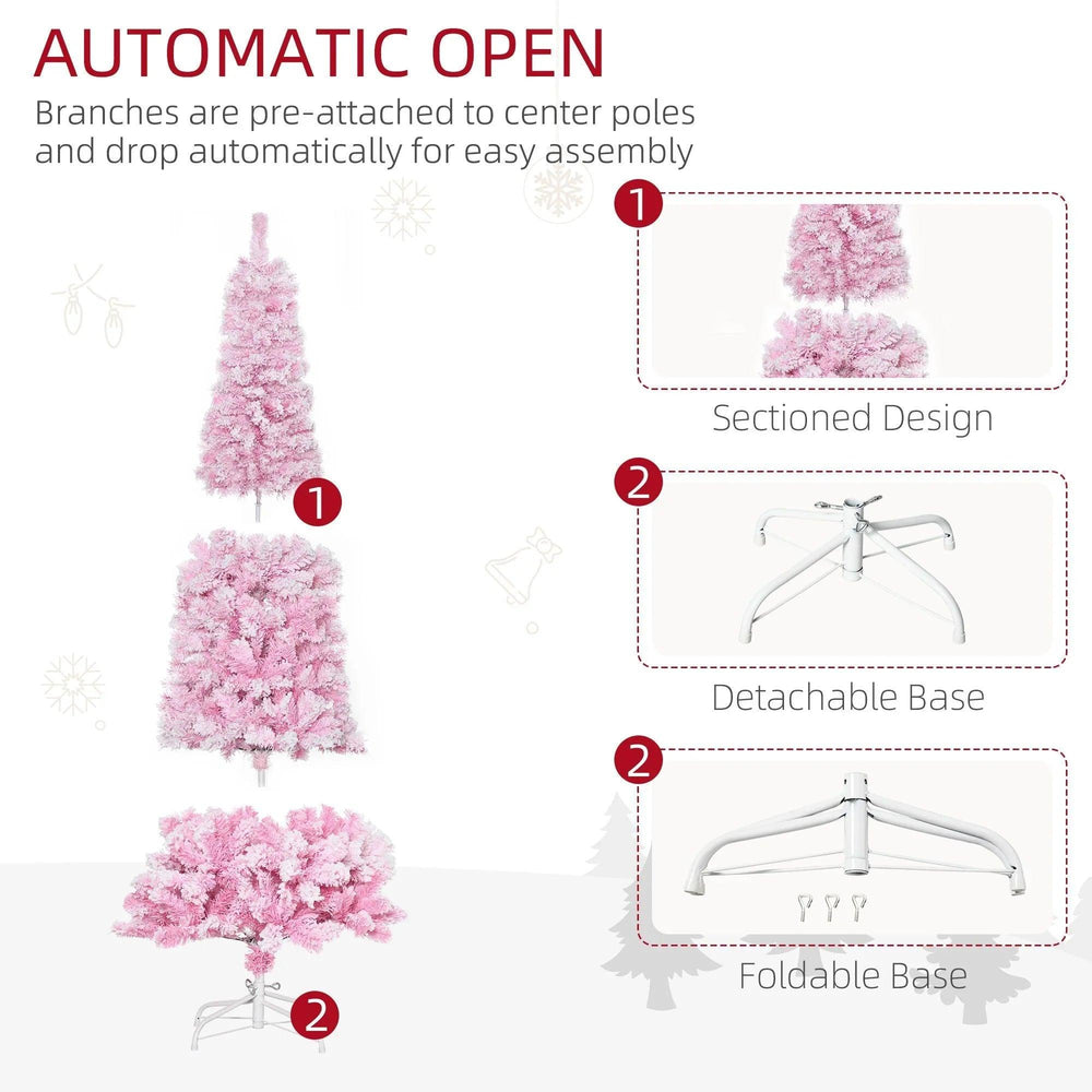 6 FT Snow Flocked Artificial Christmas Tree, Pencil Xmas Tree With Realistic Branches, Auto Open And Steel Base, Pink EX-STOCK Canada