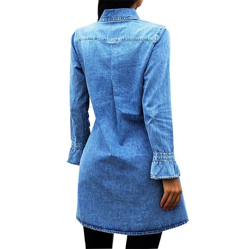 Long Sleeve Denim Button down Mini Dress Fashion Jeans Dress Women - EX-STOCK Canada