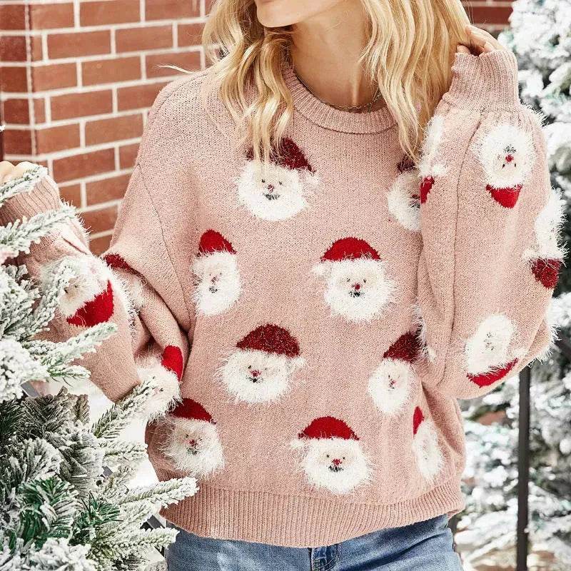 Christmas Sweater Women Cute Cartoon Santa Print Knit Sweater Winter Tops - EX-STOCK Canada
