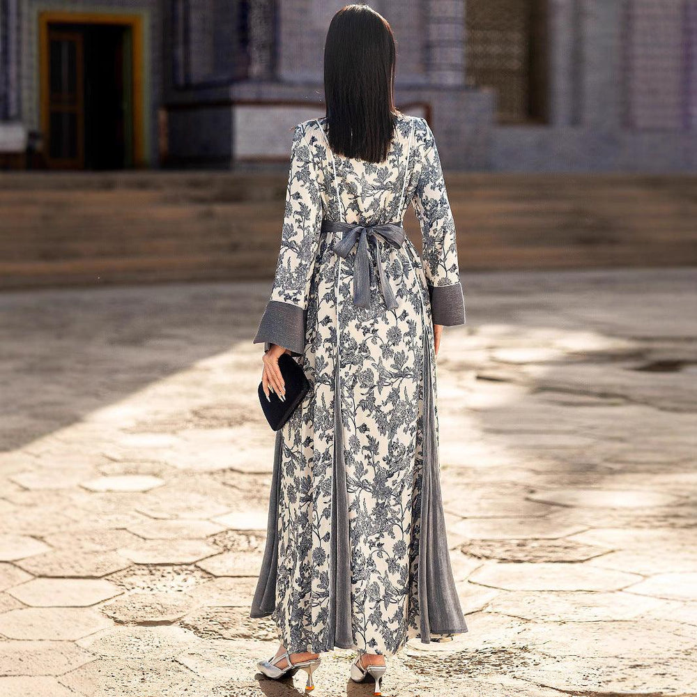 V-neck Satin Printed Muslim Dress - EX-STOCK Canada