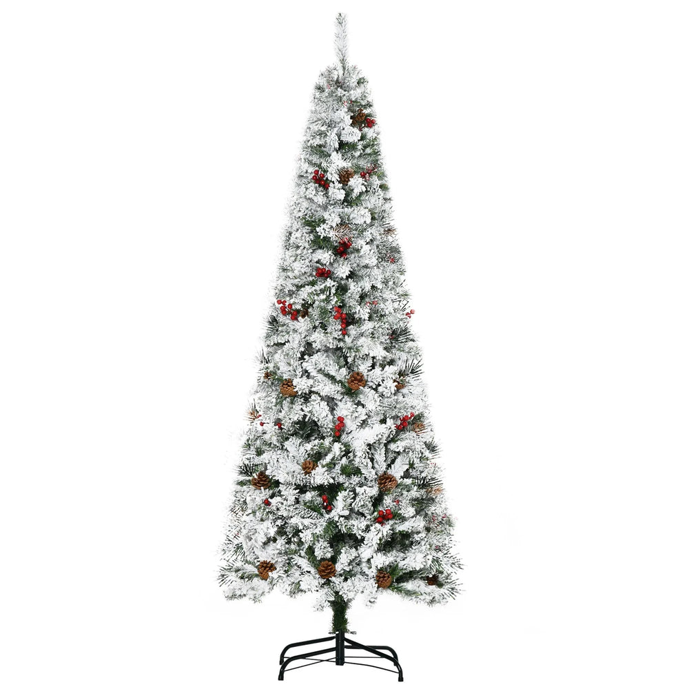 6 Foot Pencil Snow Flocked Artificial Christmas Tree With 600 Pine Realistic Branches, Pine Cones, Red Berries, Auto Open, Green EX-STOCK Canada