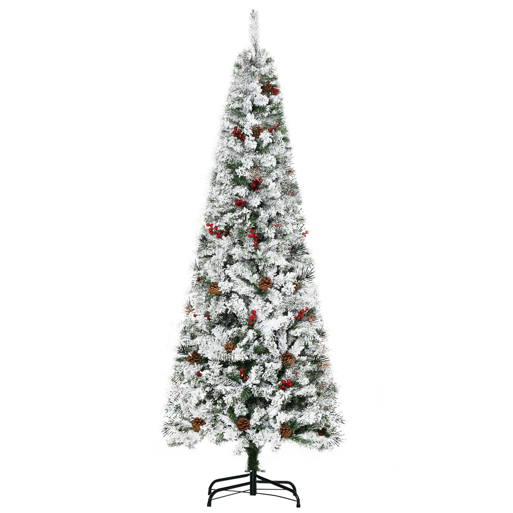 6 Foot Pencil Snow Flocked Artificial Christmas Tree With 600 Pine Realistic Branches, Pine Cones, Red Berries, Auto Open, Green EX-STOCK Canada