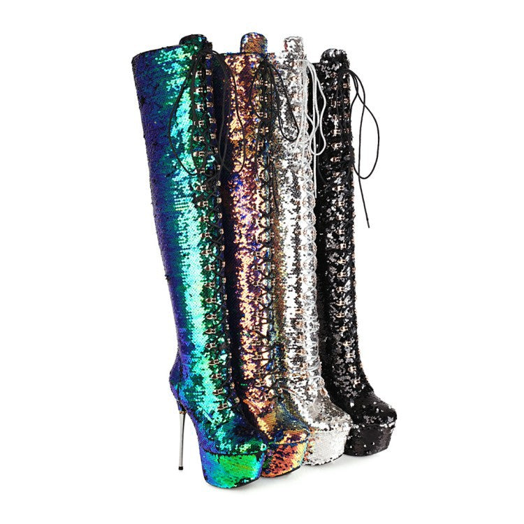 Four pairs of sequin knee-high boots in different colors on a white background